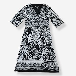 Dressbarn Black and White Floral Midi Quarter Peek-a-boo Sleeves V Neck Size 4